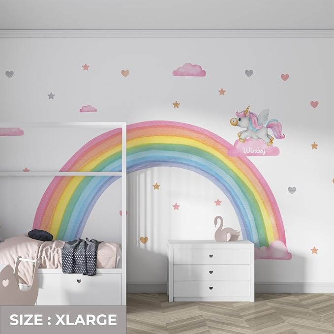 Unicorn Wall Decal – Unicorn - Rainbow - Clouds Wall Sticker Set for Baby Girl Nursery – Pastel Whimsical Sticker Mural for Kids Room Decor (Unicorn Rainbow, XLarge)