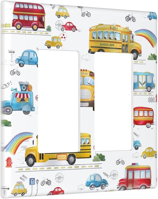 Kids Bus Taxi Truck Double Rocker Light Switch Cover 2 Gang Outlet Wall Plate Decorative GFCI Switchplate Electrical Faceplate for Nursery Kidsroom Bedroom Decor