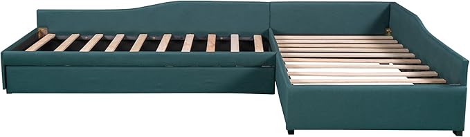 Bellemave L-Shape Platform Bed Twin Size Upholstered Daybed with Trundle and Storage Drawer Linen Corner Day Bed Frame for 3 Kids Boys Girls Teens, Green