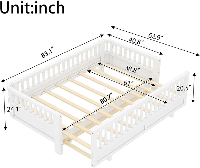 KEIKI Solid Wood Expandable Twin XL Size Floor Bed for Kids with Guardrails, Can Be Converted into a Queen Bed Platform, Montessori Low Profile Bedframe Daybed for Girls Boys, No Box Spring Needed
