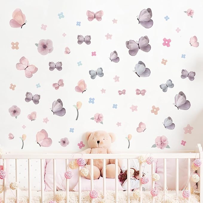 Watercolor Butterfly Wall Decals and Flower Wall Decor - 70 PCS Removable Peel and Stick Wall Stickers for Girls Room, Nursery, Kids Bedroom, Home Art Decals