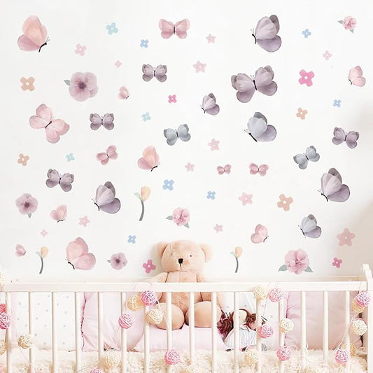 Watercolor Butterfly Wall Decals and Flower Wall Decor - 70 PCS Removable Peel and Stick Wall Stickers for Girls Room, Nursery, Kids Bedroom, Home Art Decals