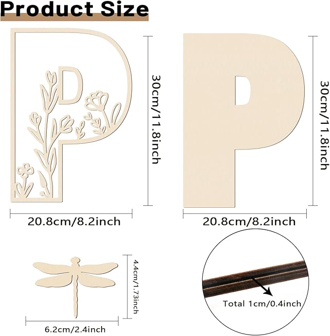 Layered 12 Inch Large Wooden Letters for Wall Decor, Flowered Paintable Wooden Nursery Letters for Crafts Wood Alphabet Letter P for Birthday Boho Nursery Name Sign Wedding Home Decoration