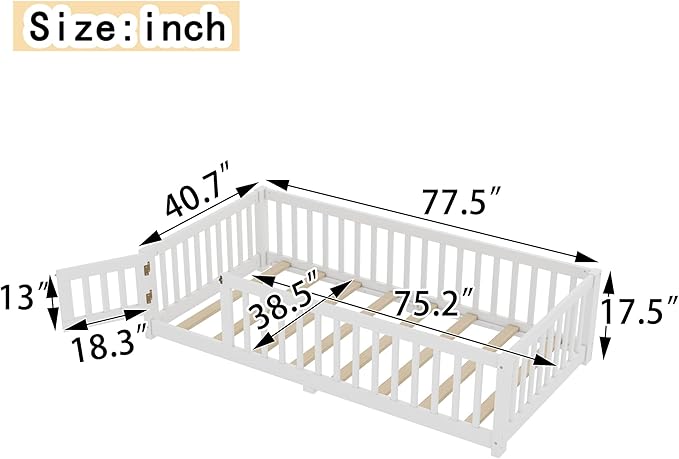 Twin Floor Bed with Slats, Fence and Door, Twin Size Montessori Floor Bed for Kids, Girls, Boys, Easy Assemble Montessori Bed Frame(Twin White)