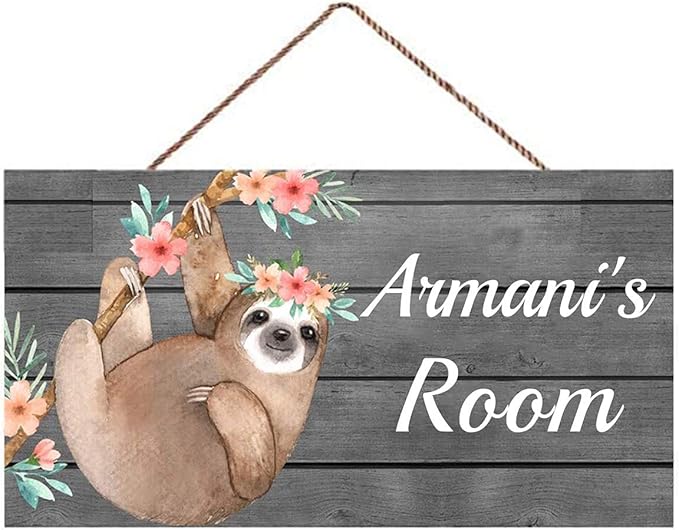 XIUXZMM Personalised Floral Sloth Door Sign Bedroom Sign Custom Name Sign Customized Nursery Kids Baby Room Decor
