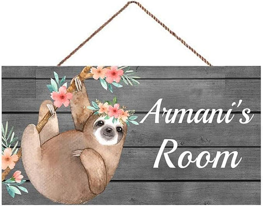 XIUXZMM Personalised Floral Sloth Door Sign Bedroom Sign Custom Name Sign Customized Nursery Kids Baby Room Decor