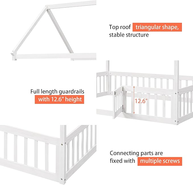 Merax Wooden House Bed, Floor Bed with Fence and Door,Full Guardrail, Full Size, White