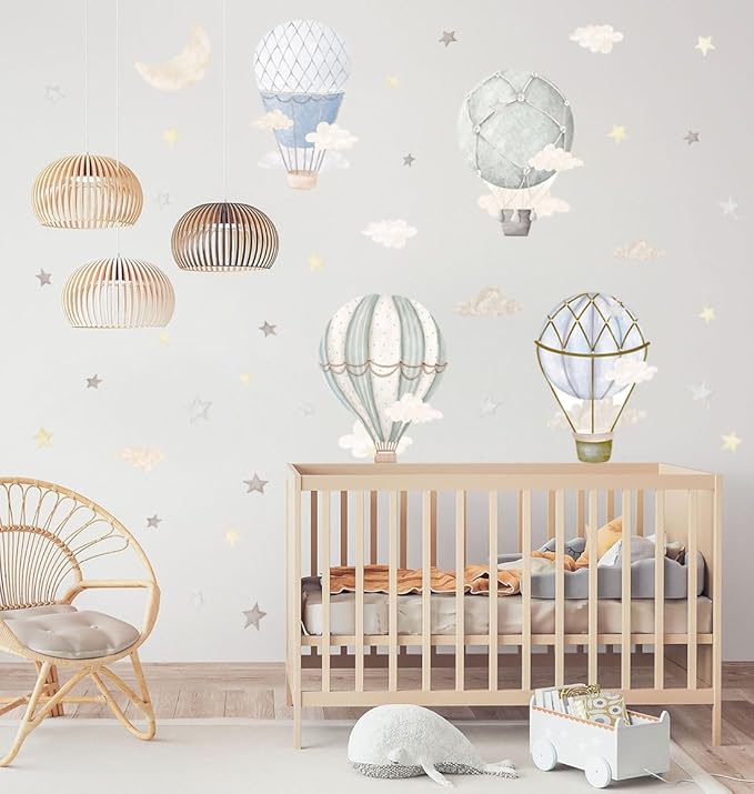 Watercolor Hot Air Balloon Wall Decals, Stars Clouds Balloon Vinyl Wall Stickers, Peel and Stick Colorful Artwork for Nursery Bedroom Toddler Room Playroom Decor