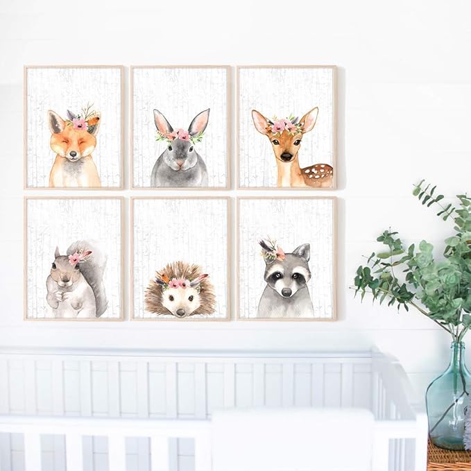 DREAM BIG PRINTABLES Woodland Animals Nursery Wall Art Prints (Set of 6) - Unframed - 11x14s - Farmhouse Boho Art - Great - Unisex for Boys and Girls - Kids Bedroom Wall Art
