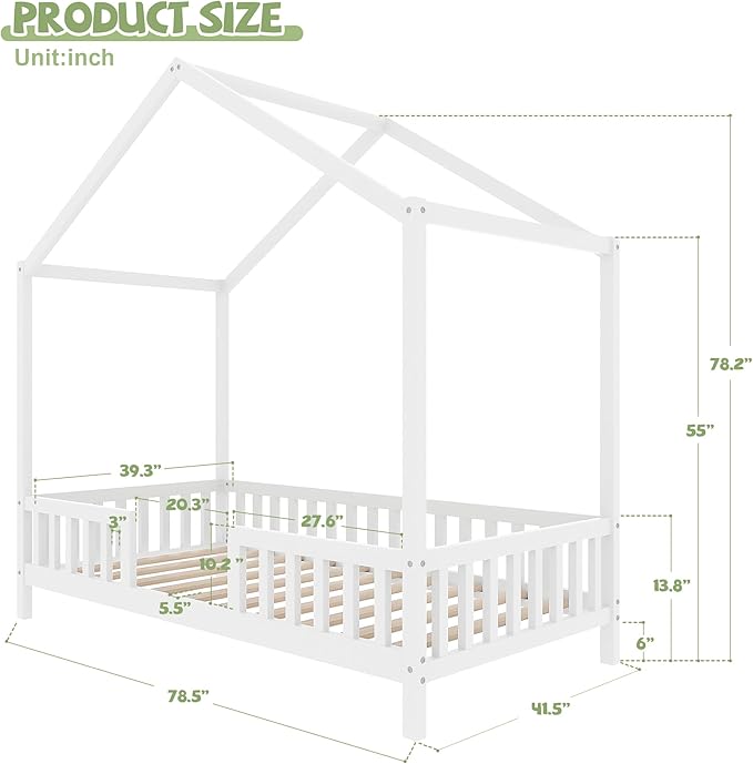 Montessori Floor Bed with Canopy, High Railings and Roof, Twin Size Wood House Bed Frame for Kids Bedroom (White/C2)