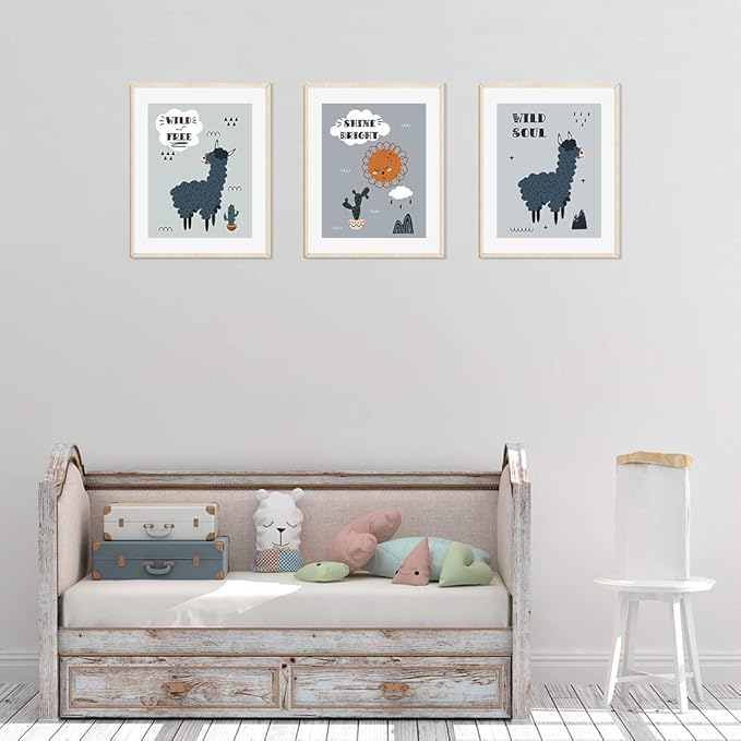 Andaz Press Nursery Kids Room Scandinavian Hello Llama Wall Art Decor Poster Prints, 8.5 x 11-inch, Scandinavian Wild And Free, Shine Bright, Wild Soul Llama Graphic, 3-Pack, Unframed
