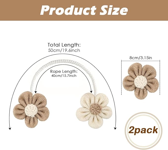 SRG Rope Curtain Tiebacks 2 Pack | Sunflower Curtain Tieback Boho | Simple Elegant DIY Curtain Holdbacks | Accessories Wall Decoration for Home Office | Cream&Khaki