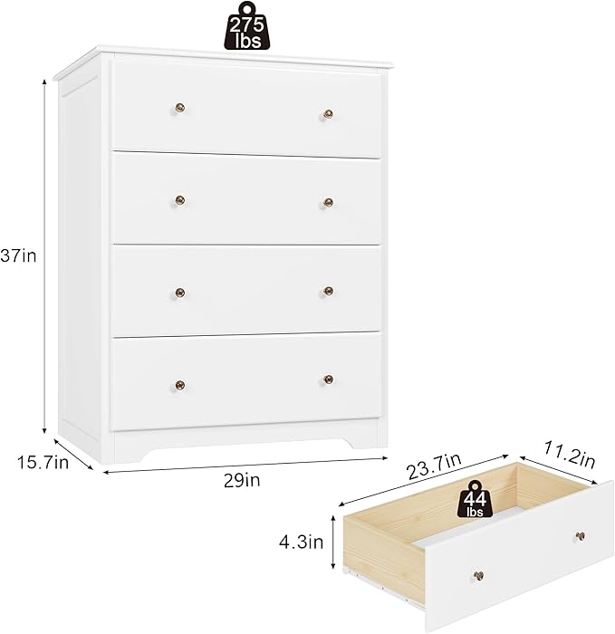 HOUSUIT White Dresser, 4 Drawer Dressers Chest of Drawers, Modern Tall Dresser, Wood Drawer Chest Storage Cabinet for Living Room, Hallway, Entryway, Home Office, Ivory White