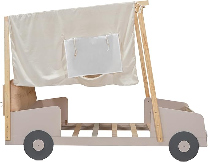 Twin Size Car Bed with Pillow & Car Headlights Shaped LED Light,Wood Kid Bed Frame W/Ceiling Cloth & Magazine Holder,Toy Bedroom Furniture for Boys Toddlers Child,Natural