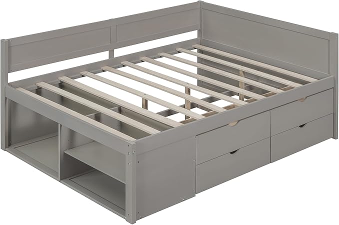 Full Size Daybed with 4 Storage Drawers and Shelves, Wooden Full Platform Bed Frame with L-Shaped Headboard and Slats Support, Corner Bed Full Captain Beds for Kids Boys Girls Teens, Gray