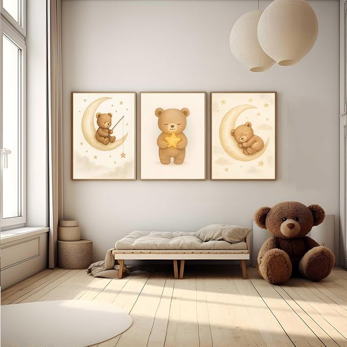 XBQZFLHT 3Pcs Bear Nursery Wall Art Teddy Bear Moon and Stars Canvas Prints Cute Animal Sleeping on the Moon and Cloud Neutral Baby Room Decor Pictures for Boys and Girls 8x10in Unframed