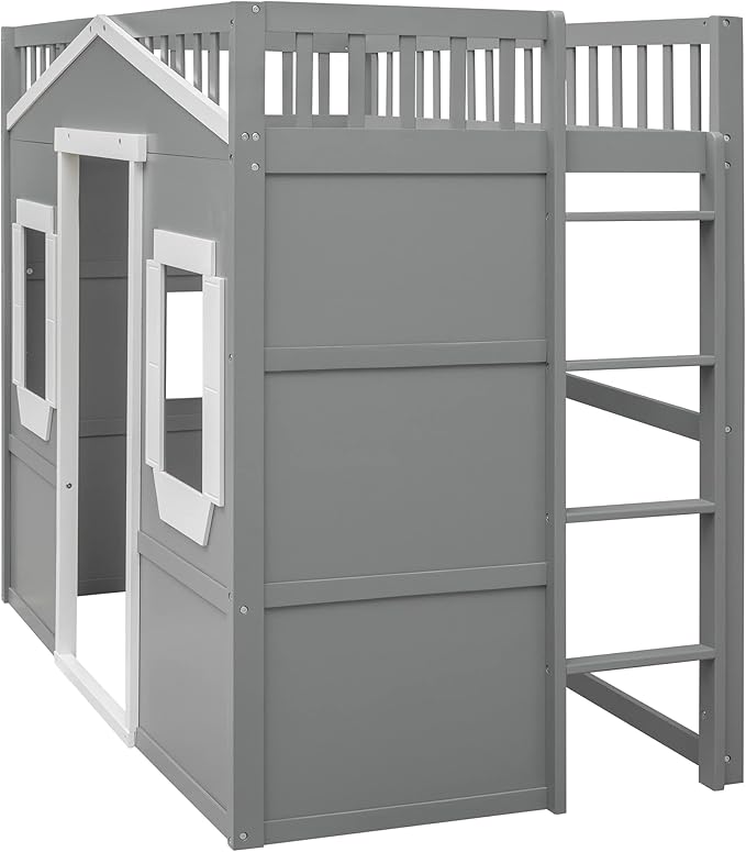 Twin Size Loft Bed with Safety Guardrail for Kids Boys Girls, Playhouse Design Solid Wood Loft Bed Frame with Ladder and Windows, Strong Wood Slats Support, Space-Saving (Gray+w Twin)