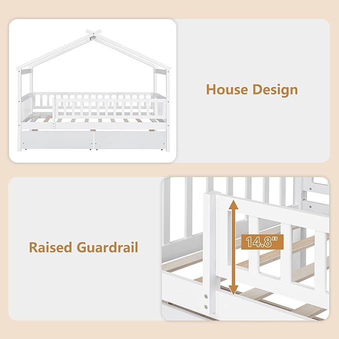 Aoowow Twin Size House Bed with Storage Drawers,Kids Wooden Bed Frame Twin House Bed with Slats and Fence for Boys Girls Teens for Bedroom(White)