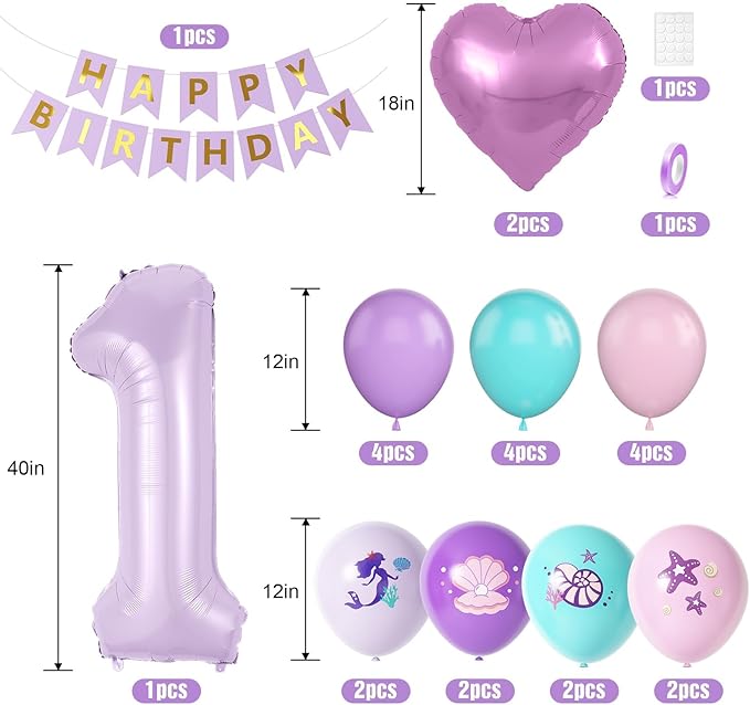 1st Mermaid Birthday Decorations for Girls, Purple Pink Teal Balloon with Mermaid Print Balloons Heart Foil Balloons Birthday Banner for 1 Year Old Under the Sea Theme Birthday Princess Party Supplies