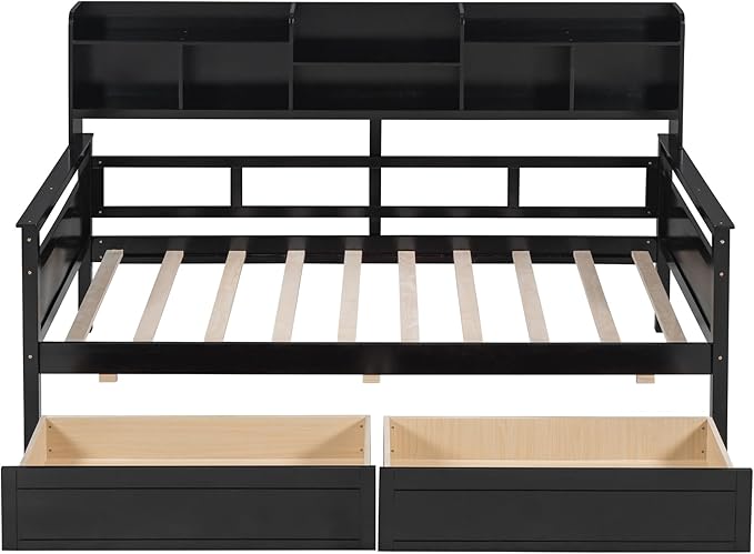 Harper & Bright Designs Twin Daybed with Storage, Wood Twin Size Bed Frame with Bookcase Headboard and 2 Drawers, Twin Sofa Bed with Shelves for Living Room Bedroom, No Box Spring Need, Espresso