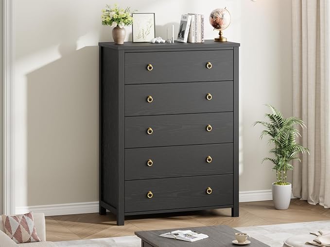 IDEALHOUSE Dresser for Bedroom with 5 Drawers, 45'' Tall Chest of Large Drawers with Large Clothes Storage Cabinet, Wood Bedroom Dresser, TV Stand for Nursery, Living Room, Enterway, Black
