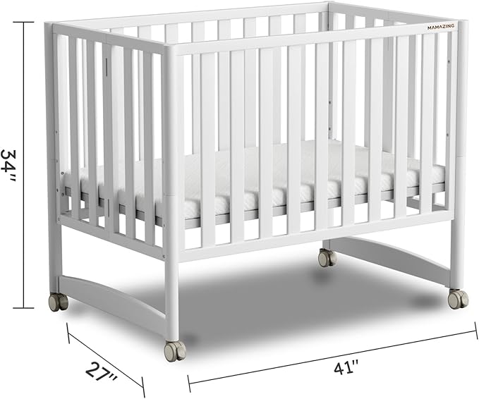 MAMAZING EvoNook 6-in-1 Convertible Mini Crib, 100% New Zealand Solid Wood, 4 Adjustable Mattress Heights, Crib with Mattress, GREENGUARD Gold Certified,White