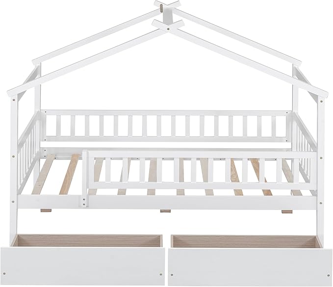Merax Twin Size Wooden House Bed with Two Drawers, Wood Bed Frame with Roof and Safety Guardrail for Kids, Teens, Boys or Girls, White