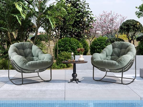 Oversized Outdoor Papasan Rocking Chair Set of 2 with Soft Cushion, Comfy Patio Egg Chair, Wicker Lounge Rocker for Balcony/Porch/Garden, Reinforced All Weather Rattan Frame, Hunter Green