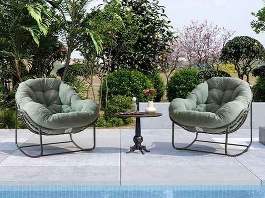 Oversized Outdoor Papasan Rocking Chair Set of 2 with Soft Cushion, Comfy Patio Egg Chair, Wicker Lounge Rocker for Balcony/Porch/Garden, Reinforced All Weather Rattan Frame, Hunter Green