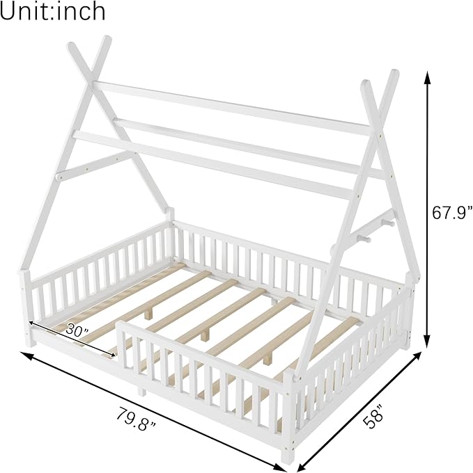 Full House Bed with Roof & LED Light, Low Profile House Bed with Fence, Safe Guardrails, DIY-Friendly for Boys & Girls, Solid Wood & MDF Construction, No Box Spring Required, White