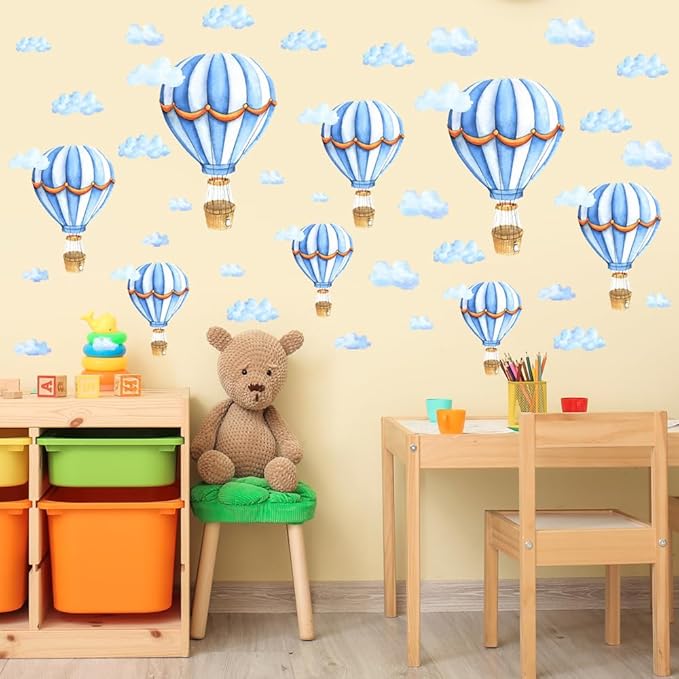 Large Hot Air Balloon Peel and Stick Removable Wall Decals - Blue Clouds Vinyl Stickers, Self-Adhesive Kids Room Art Murals Decor for Baby Nursery, Bedroom, Playroom Decoration