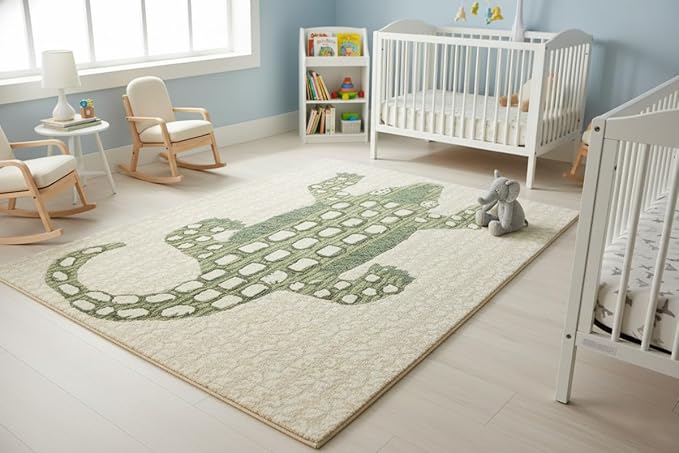 Hand-Tufted Wool Area Rug - Playful Alligator Design (6x8 Ft) - Soft & Plush Texture - Beige and Green - Luxury Accent Rug for Bedroom, Living Room, Nursery, and Playroom