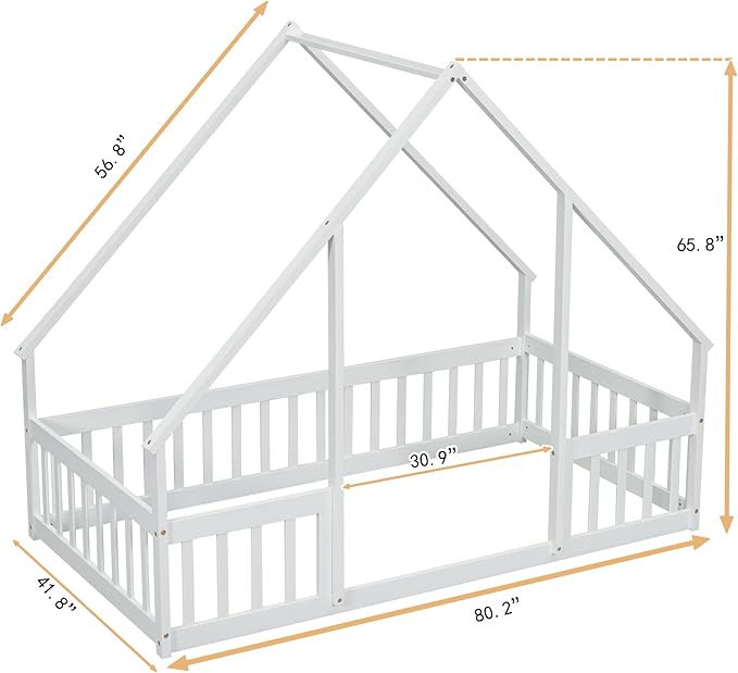 Casaphoria Twin Size House-Shaped Montessori Bedframe, Solid Pine Wood Kids Bed Frame, Toddler Floor Bed with Door & Fence for 1-3 Years Old Kids, White