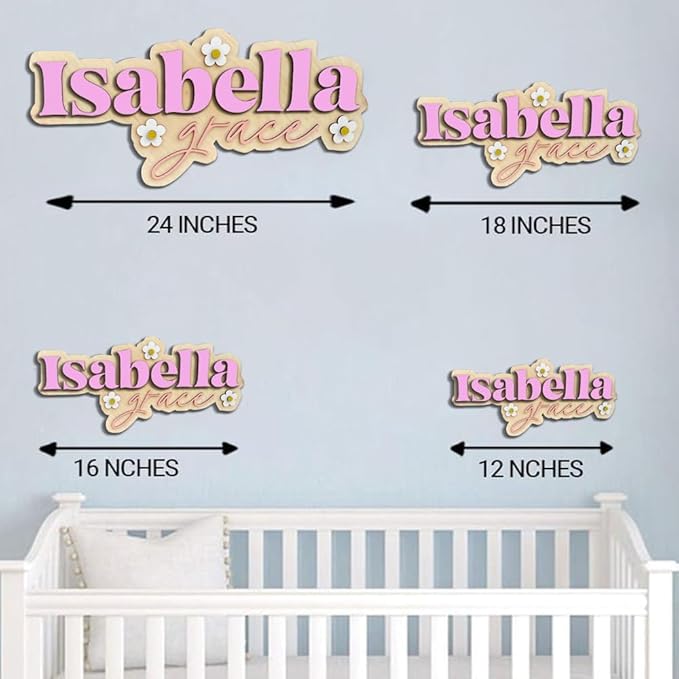 Personalized Nursery Name Sign, Custom Wooden Name Sign with Flowers, 3D Layered Wood Wall Decor for Baby Girl Room, Boho Floral Kids Room Name Plaque, 2 Layer /2