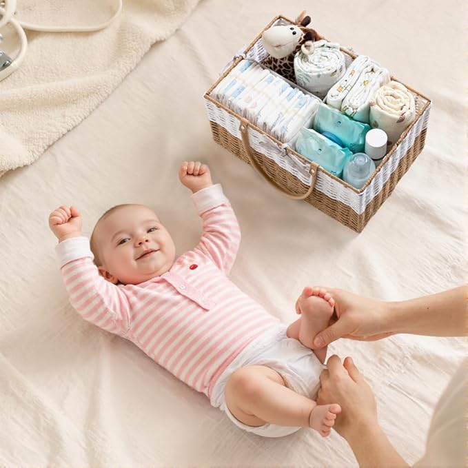 HBlife Large Diaper Caddy Organizer, Portable Paper Rope Woven Basket with Divider, Nursery Diaper Station Organizer, Baby Shower Gifts Basket & Car Organizer, Newborn Essentials