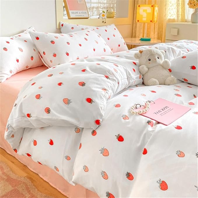 Strawberry Duvet Cover Queen Size Cute Pink Strawberry Bedding Set 3 Pcs Kids Boys Girls Kawaii Cream White Strawberries Soft Breathable Microfiber Comforter Cover with Zipper Closure