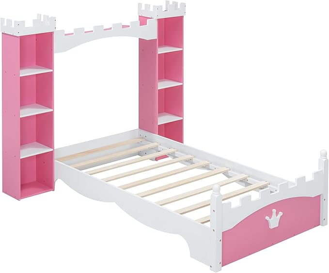 Castle-Shaped Wooden Platform Bed with Storage Shelf, Dreamy Twin Size Kids Platform Bed for Girls Boys Bedroom, Sturdy Slats Support (Pink+White Castle)