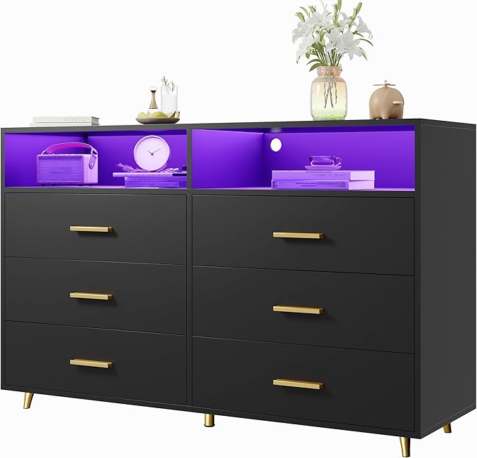 Black Dresser with LED Lights, Wood Dresser for Bedroom with 6 Wide Large Drawers,2 Open Shelves Top, Elegant Chest of Drawers for Living Room Hallway Entryway, 47.2" W