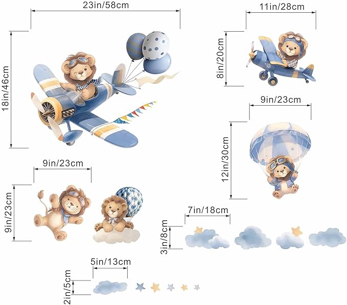 Airplane Animals Wall Stickers - Hot Air Balloon Lion Clouds Wall Decals - Girls Bedroom Baby Nursery Kids Room Wall Decor