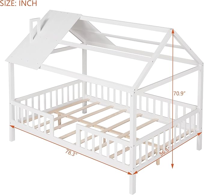 Bellemave Full House BedFrame with Roof, Montessori Floor Bed, House Bed with Rails for Kids, White