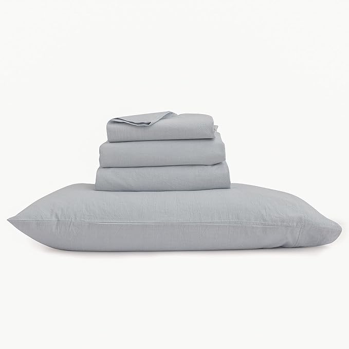 BESTOUCH Sheet Set 100% Washed Cotton Linen Feel Super Soft Comfortable Chic Lightweight 4 Pcs Home Bedding Set Solid Cornflower Blue Full
