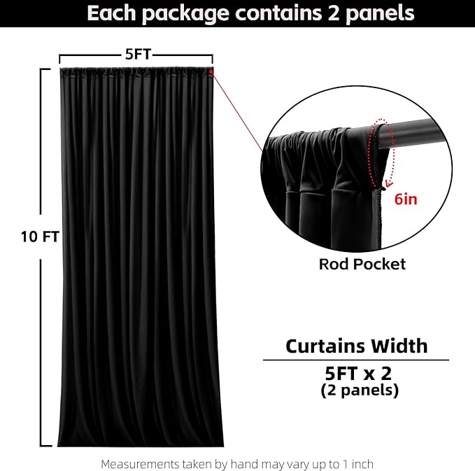 Black Backdrop Curtains for Wedding Parties, 10x10FT Wrinkle Free Photo Backdrop Curtains for Wedding Birthday Party Baby Shower, Fabric Drape with Rod Pockets 5ft x10ft, 2 Panels