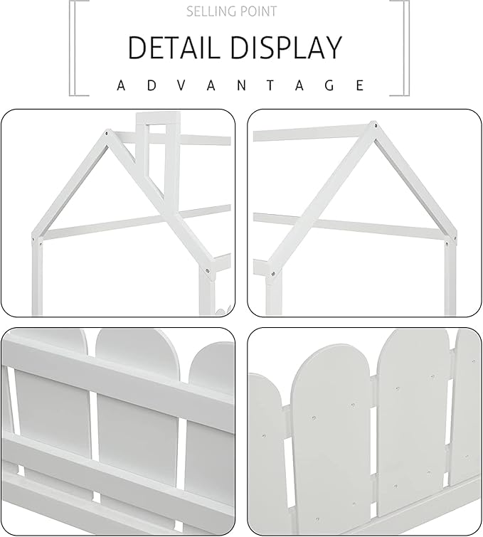 Bellemave Twin Size Kids Floor Bed Frame with Fences, Wooden House Bed with Roof Can be Decorated for Kids Girls Boys (White)