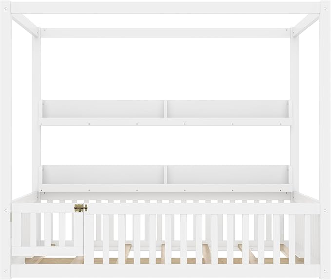 Polibi Full Size Montessori Floor Bed with Guardrails, Low Profile Solid Wood Canopy Frame with Built-in Shelves, No Box Spring Needed, for Kids & Teens, White