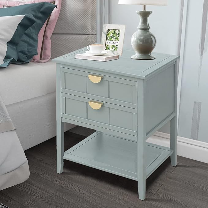 PElHONGET Nightstand with 2 Drawers, End Table Mid Century Modern Side Table with Shelf Storage, Bed Night Stand with Metal Handles Wood Accent Table for Bedroom, Living Room(Olive Green)