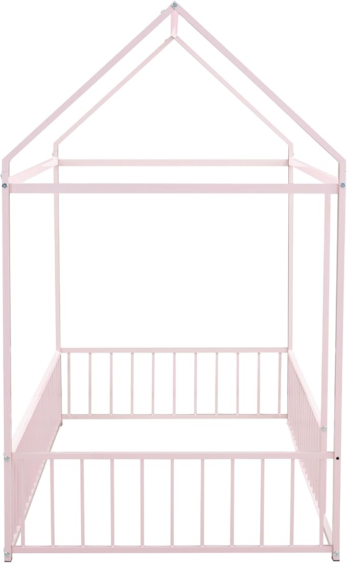 Bellemave Twin Size Montessori Floor Bed, Metal House Bed Framefor Kids, Montessori Floor Beds with Fence, Playhouse for Kids, Pink