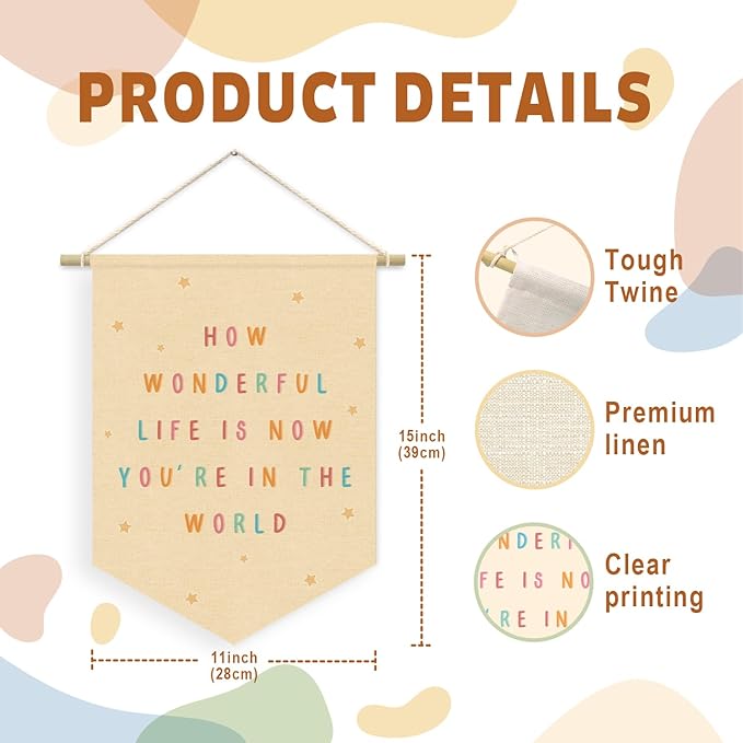Nursery Decor, How Wonderful Life Is Now You're in the World Wall Hanging Sign Flag, Positive Affirmations, Kids Affirmations Nursery Wall Art Canvas Hanging Pennant Flag Banner 15x11in