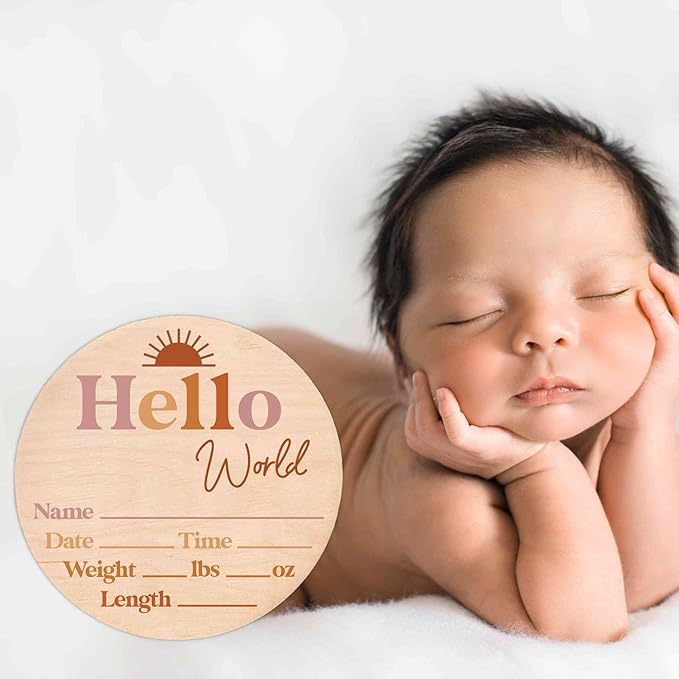 Hello World Newborn Sign - Baby Name Birth Announcement Plaque for Hospital - Photo Prop - Nursery Decor - Shower Gift