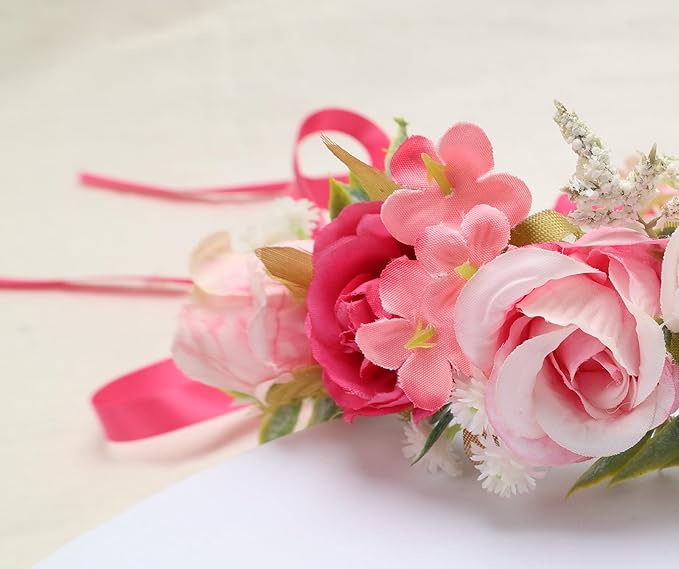 Flower Crown for Girls Children Floral Headpiece Pink Kids Headband Wedding Holo Hair Accessories Birthday Photo Prop (Fuchsia)