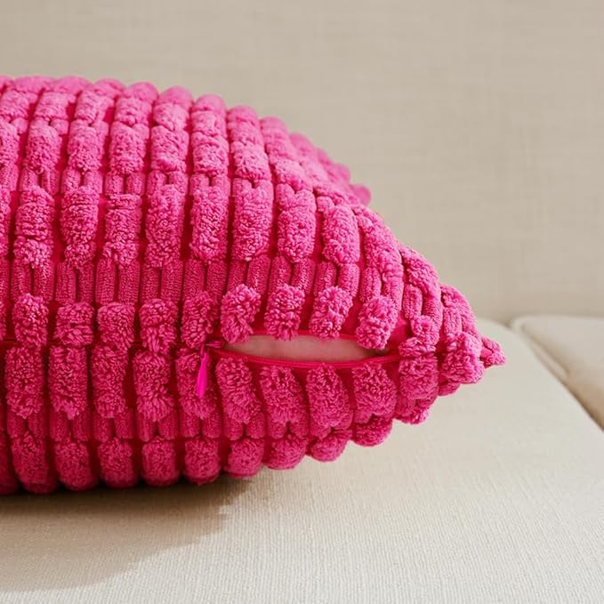 Fancy Homi 2 Packs Hot Pink Decorative Throw Pillow Covers 20x20 Inch for Living Room Couch Bed Sofa, Rustic Farmhouse Boho Home Decor, Soft Striped Fuschia Corduroy Square Cushion Case 50x50 cm